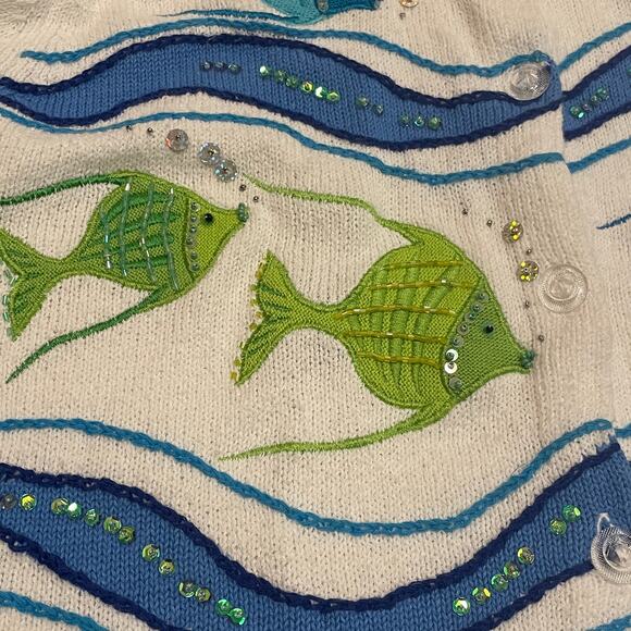 Vintage Design Options L Fish Sequin Cardigan | Rare Coastal Grandma Cottagecore - Picture 10 of 13